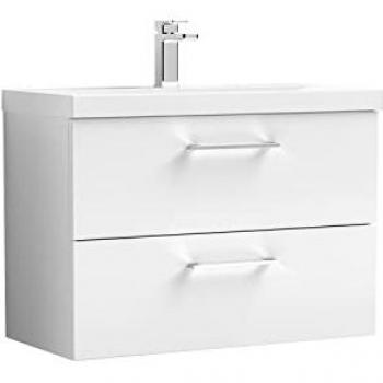 Arno Gloss White 800mm Wall Hung Vanity Unit with Thin-Edge Ceramic Basin and 2 Drawers