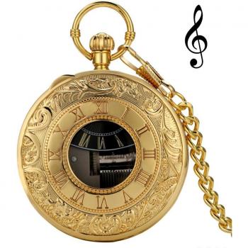 Reloj de bolsillo de oro con música y diseño romano