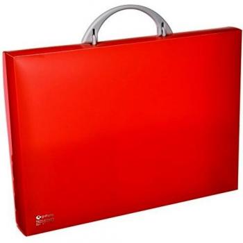 Dossier documentaire en polypropylène rouge, 345x245x40 mm, poignée escamotable et attache à clip