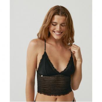 Black Limba Bralette Crop Top XL en Tela Negra con Detalle de Encaje y Cruce