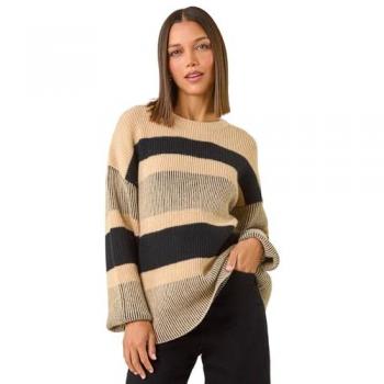 Women’s Camel‑Tone Striped Knit Jumper – Size 12