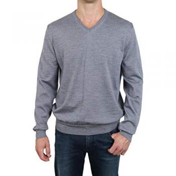 OLYMP Level Five Slim Fit V-Ausschnitt Strickpullover mit gerippten Abschlüssen in Silber, Größe L