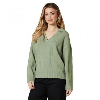 Sage-Colored Women's Cable-Patterned Collared Sweater – Size L