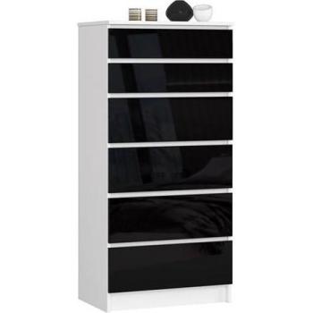 Commode AKORD K60 Blanche 60 cm – Façade noire brillante, 6 tiroirs, dimensions 60 × 40 × 130 cm