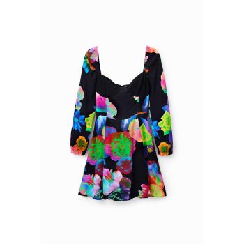 Abito Corto Desigual XL Nero con Fiori