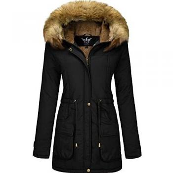 Abrigo militar de lana polar para mujeres con capucha de piel (Negro, XXL)