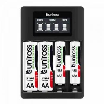 Uniross Charger LCD Ultra Fast 1–4 Piles Ni‑MH 1.2 V + Pack 4 x 2700 mAh