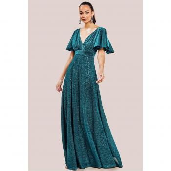 Goddiva Teal Blue Sequin Lurex Maxi Dress with Flutter Sleeves
