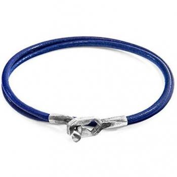Azure Blue Round Leather Bracelet with Silver for Men