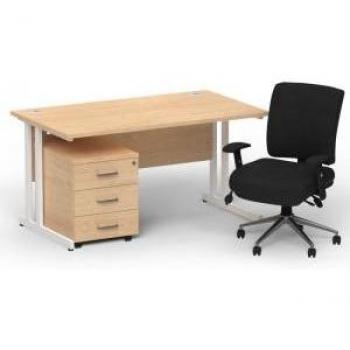 Impulse 1400mm Bench‑Style Office Desk, Maple Top, White Cantilever Legs, 3‑Drawer Pedestal