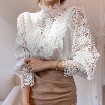 Robe Blouse Évasée en Dentelle Blanche