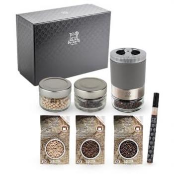 Maestro Pepper Collection: Select Pepper Mill + 3 Premium Peppers + 3 Glass Jars (Rock Grey)