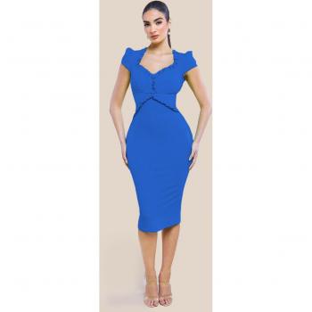 Goddiva Women's Cobalt Blue Midi Dress with Cap Sleeves