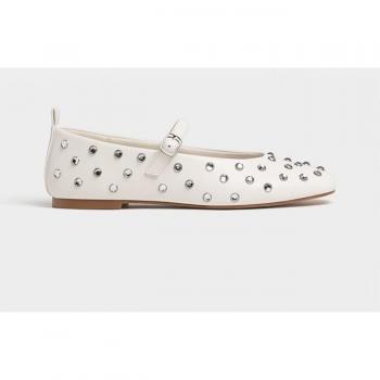 Stradivarius Rhinestone Ankle Strap Ballet Flats ECRU 5