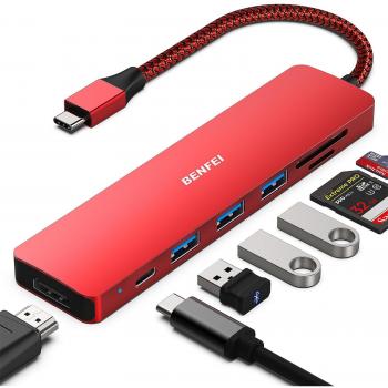 BENFEI 7‑poort USB‑C Hub met HDMI en 60W PD – Rood