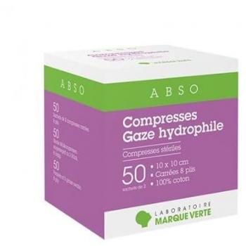 Compresses stériles en gaze hydrophile 10 x 10 cm Marque Verte paquet de 50 compresses (2 par sachet)