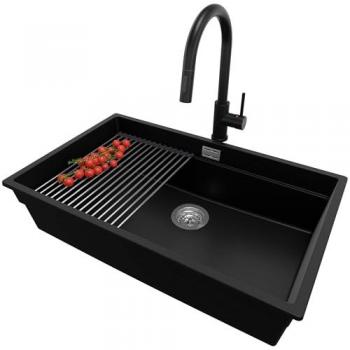 Evier Granit Noir 76x47cm avec Robinet et Égouttoir Enroulable