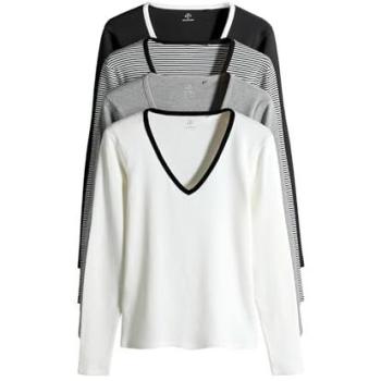 Kit de 4 t-shirts col V côtelé manches longues – Noir / Blanc / Gris / Rayé