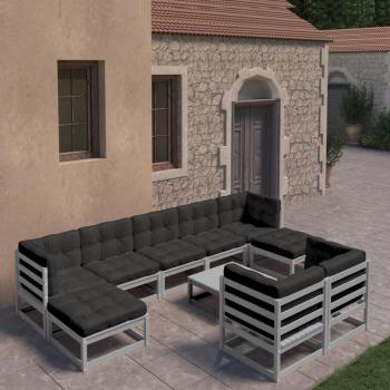 Garden Sofas Set 10 Pcs con cojines de pino gris sólido