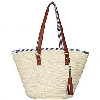 Stroh Strand Tasche, JOSEKO Sommer Handtaschen Schulter Tasche Tote mit Ledergriffen Quasten Frau Tasche Beige-weiß