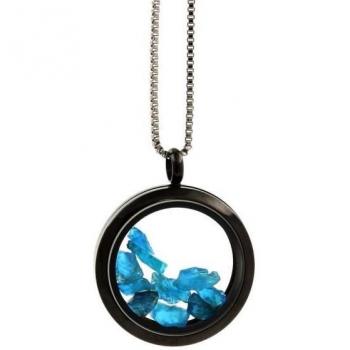 Colle de Lune : Apatite Bleu Neon Brut, Médaillon 30 mm, Noir