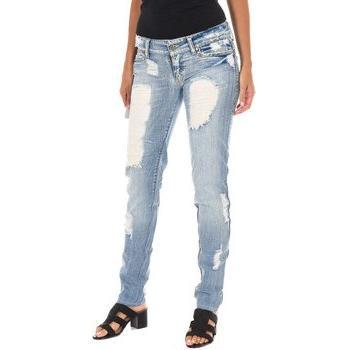 Ripped Denim and Chiffon Blend Pants for Women – Blue Cotton, Waist 30