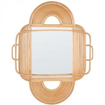 Specchio da Parete Ovale in Rattan Naturale e Legno Chiaro 70 x 90 cm Design Boho Moderno