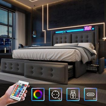 Letto Imbottito 140x200 con Testiera Led e Funzione Ricarica USB‑C