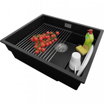 Evier Cuisine 56x47 cm Primagran – Lavabo 1 bac + Kit Vidage + Égouttoir Enroulable – Prague Slim Noir Métallisé