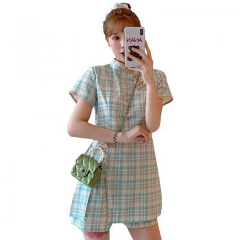 Plus Size 3XL 4XL Blue Check Slim Qipao Dress