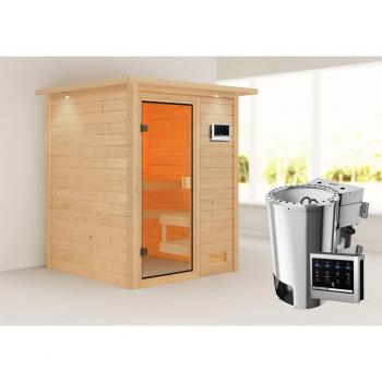 Karibu Woodfeeling Sauna Sandra 3,6 kW – Komplett-Installationspaket, Easy Bio, Dachkranz