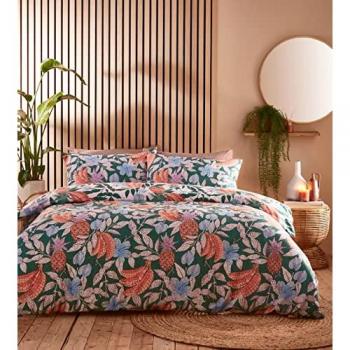 Cypressa Printed Floral Mosaic Duvet Cover Bedding Set Jade, Reversible Duvet Cover Set, Green Polycotton, Size Double