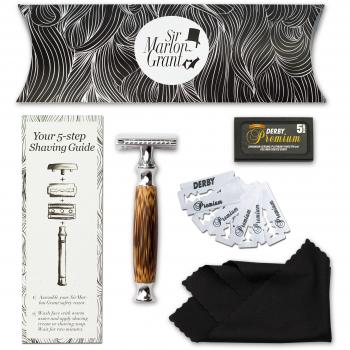 Holz-Rasierhobel Set Herren – Sir Marlon Grant, Bambus Nassrasur, 5 Klingen + Putztuch