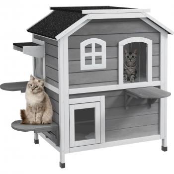 PawHut Katzenhaus für draußen, 78 x 55,5 x 91 cm, wasserfest, mit Fluchttür und Sprungplattformen, Grau