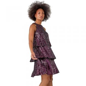 Purple Sequin Tiered Stretch Dress for Women