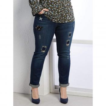 SAMOON Betty Denim Damenhose – Lang, Dunkelblau, Applikations-Design