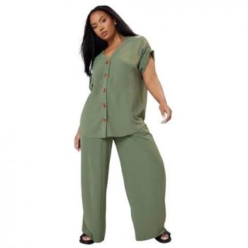 Green Washed Twill Wide Leg Trousers – Women’s Fit