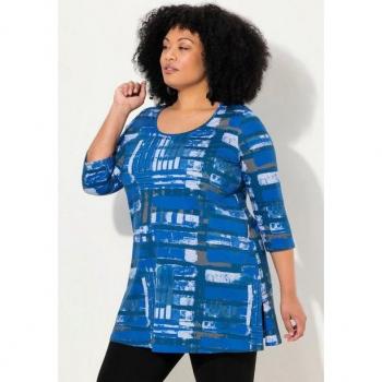 Ulla Popken Damen-Longshirt A‑Liniendruck Blau 50/52 Baumwolle