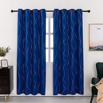 Anjee Children’s Room Thermal Blackout Curtain Set – Dark Blue, Wave Pattern, 46×72, 2 Tie-Backs