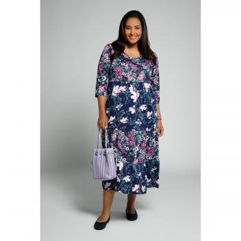 Maxi dress fiorato con scollo a V e maniche a 3/4, Donna, Blu, Taglia: 52/54, Cotone