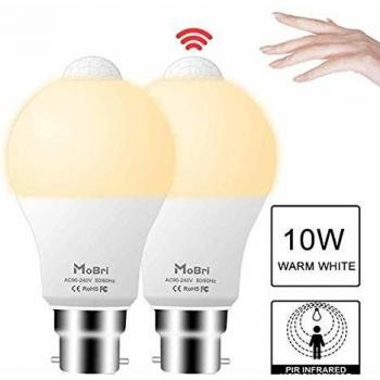 Mobri 10W B22 LED PIR Motion Sensor Light Bulb, Auto On/Off 100W Equivalent Sensor Bulbs, Bayonet Cap Warm White