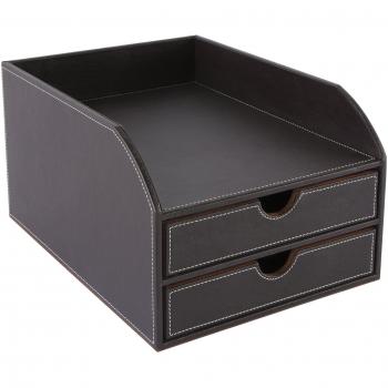 Osco Brown Two-Drawer Organizer with Letter Tray, Faux Leather