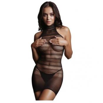 Robe en dentelle et résille courte avec col montant