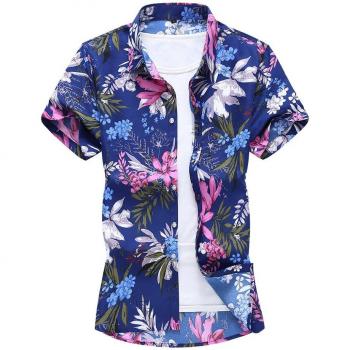 Men's Plus Size Navy Blue Floral Short Sleeve Shirt