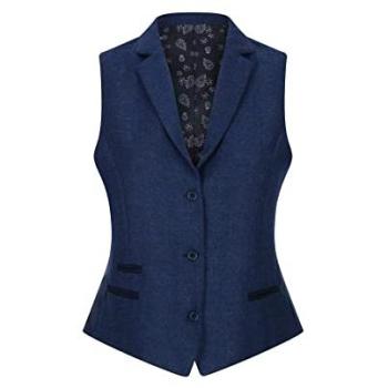 Vintage 1920s Navy Herringbone Tweed Waistcoat for Women, Size 20