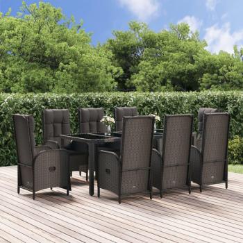 Set de comedor de jardín 9 pzas con cojines de ratán sintético negro