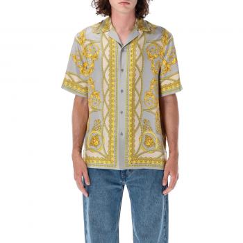Camicia in seta maniche corte da uomo Versace con stampa dorata, taglia 48