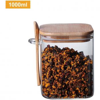 CondimentBox : Récipient à épices en verre, cuillère et couvercle en bois