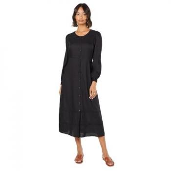 Black Viscose Broderie Trim Button Front Midi Dress