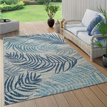 Paco Home Teppich Kuba 123, 160 cm x 220 cm, Flachgewebe, blau, Blättermotiv, geeignet für In